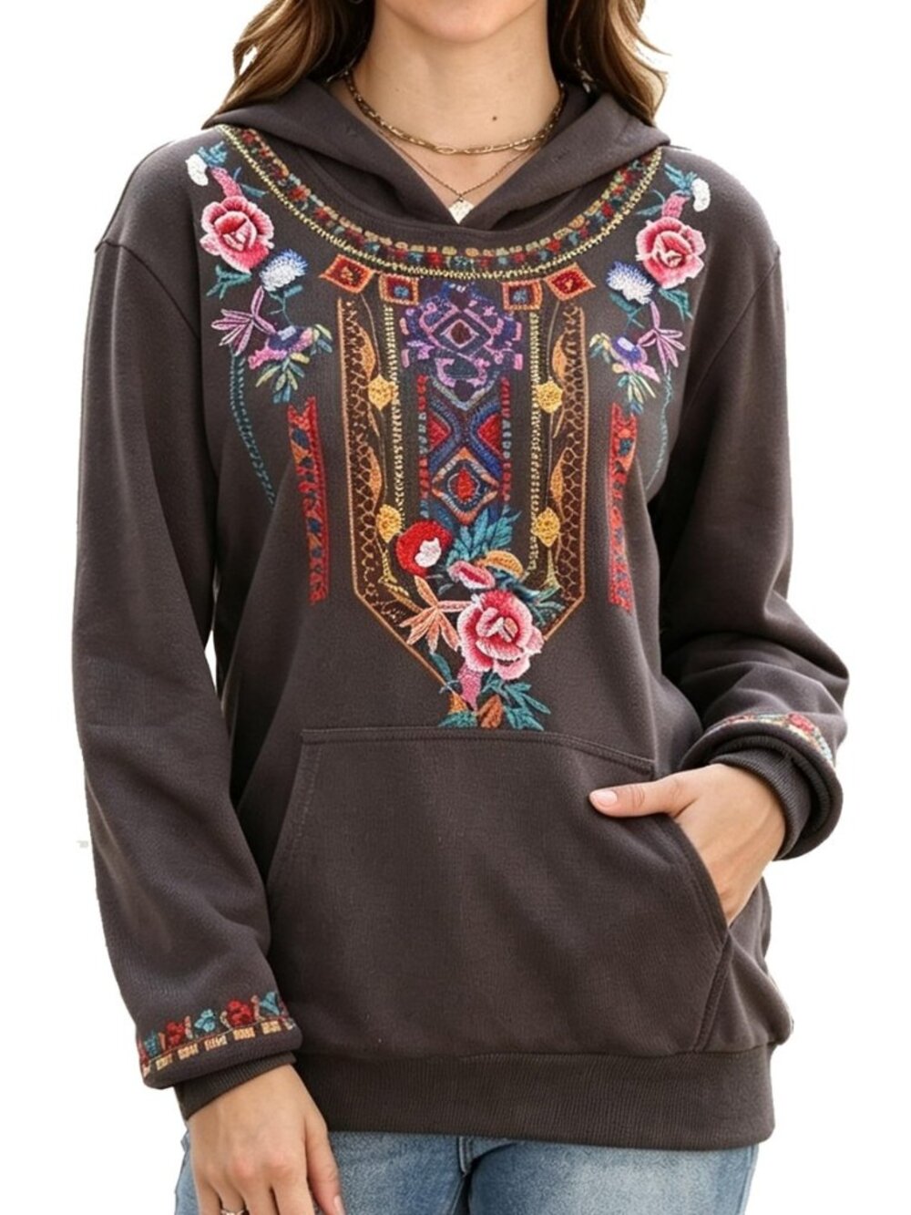 Womens Boho Mexican Embroidered Hoodie With Pockets Fall Winter Sweatshirt